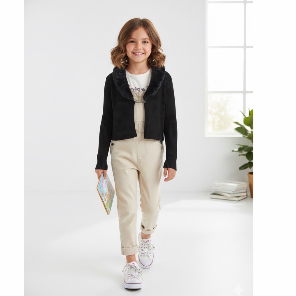H&M Black Ribbed Faux Fur Collar Cropped Cardigan Girls 8-10Y | Soft Knit